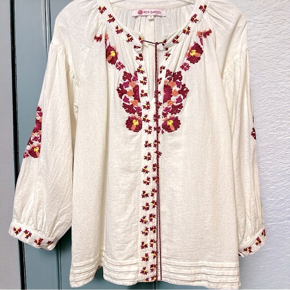 Anthropologie RO’s Garden Embroidered Boho Brinn Linen Blouse Size Small